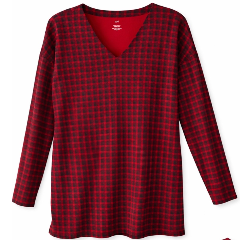 J. Jill Simply‎ Supima V-Neck Tunic Red Black Plaid Long Sleeve Cotton Top Large